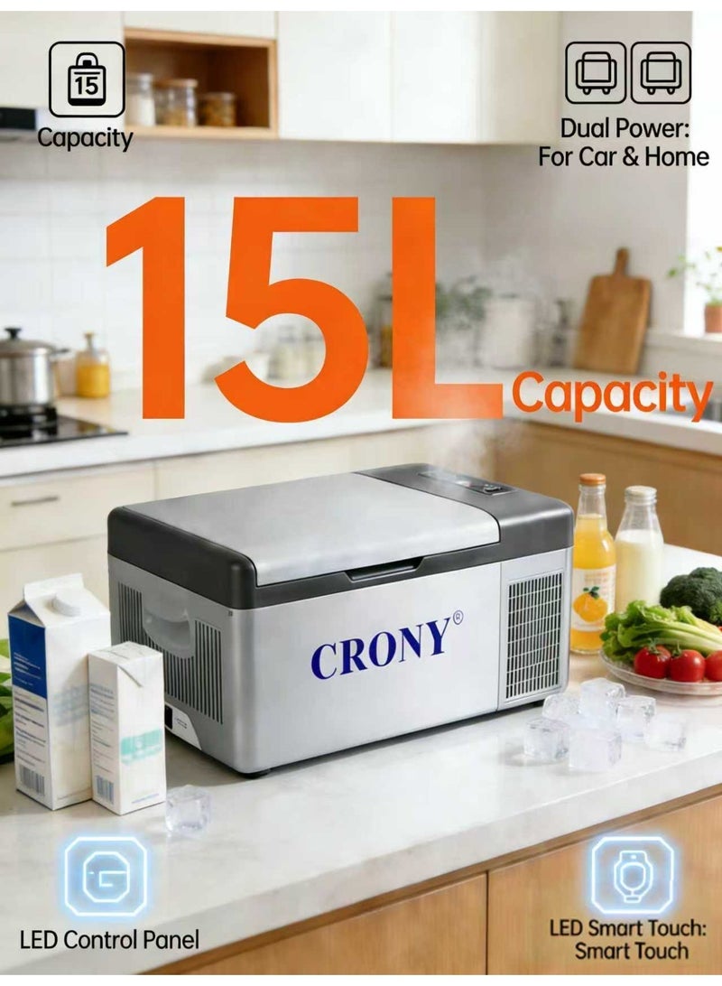Crony C15 15l portable car refrigerator freezer. It features compressor cooling, a quiet design, low power consumption, rapid cooling, DC 12V/24V power supply, a temperature range of -20°C to 20°C, APP control, and an LED panel to protect your car battery. Ideal for road trips, outdoor activities, and fishing enthusiasts. - Image 2